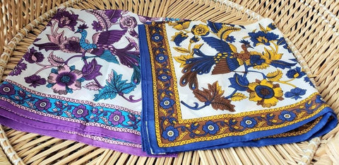 70s Peacock Scarves By Nasharr Frères Set of 2, One Purple Peacock Scarf, One Navy Peacock Scarf, Vintage Peacock Scarves, Peacock Gift