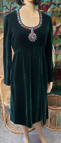 70s Green Velvet Dress With Gems By Designer Kiki Hart, MD
