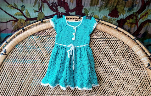 Vintage Girls Teal Crochet Dress 18M, 8M