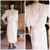 80's Cream Lace Button Down Back Dress, Vintage Cream Dress, Vintage Lace Button Down Back Dress, Cream Short Sleeve Dress, Bow Back, MD