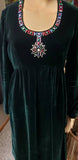 70s Green Velvet Dress With Gems By Designer Kiki Hart, MD