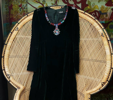 70s Green Velvet Dress With Gems By Designer Kiki Hart, MD Charmstruck 70s Green Velvet Dress With Gems By Designer Kiki Hart, MD Charmstruck