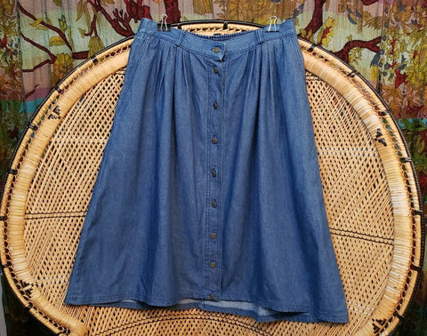 90s Blue Jean Skirt With Button Front By Napa Valley Petites, MD/LG
