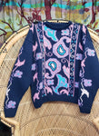 Vintage Hand Knit Sweater Of Floral Paisley On Navy, LG
