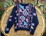 Vintage Hand Knit Sweater Of Floral Paisley On Navy, LG