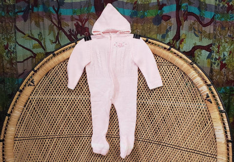 Vintage Pink Knit Baby Footsie Bodysuit With Hood, 6-9 Months