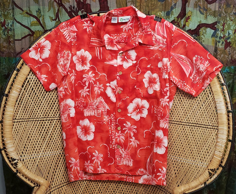 90s Men's Red Hawaiian Shirt By ten2one, LG