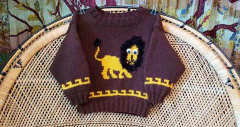 70s Hand Knit Lion Sweater With Googly Eyes, Kids LG