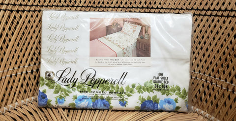 70s Blue Rose Duet By Lady Pepperell, Flat Sheet Double Bed, In Original Package!